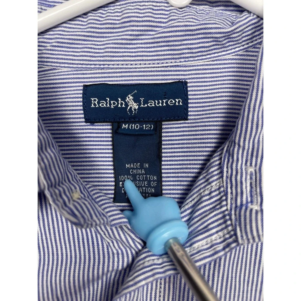 Ralph Lauren Boys Blue White Pinstripe Button Down Shirt Size M 10-12 Cotton